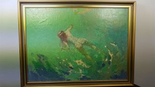 Vintage Nude Lady Woman Swimming Oil Painting Framed Signed Pfl