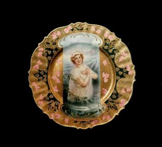 Antique RS Prussia Porcelain Portrait Plate KeyHole Winter Season Art Nouveau 2