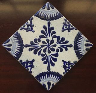 Vintage Blue & White Square Tile - 5 1/2 Inches - Floral And Line Pattern