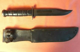 Vintage Ww2 Usmc Ka - Bar Type Fighting Knife W/leather Sheath