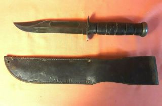 Vintage WW2 USMC Ka - Bar Type Fighting Knife w/Leather Sheath 2