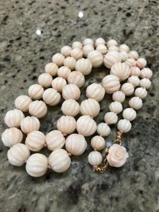 Vintage Angel Skin Coral Bead Graduated Necklace 28 " Melon Carved Beads.
