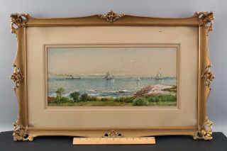 Antique Edmund Darch Lewis Maritime Watercolor Painting,  Steamship & Sailboats
