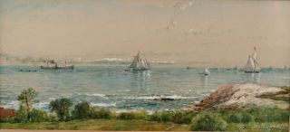 Antique EDMUND DARCH LEWIS Maritime Watercolor Painting,  Steamship & Sailboats 3