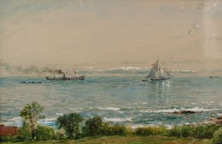 Antique EDMUND DARCH LEWIS Maritime Watercolor Painting,  Steamship & Sailboats 4