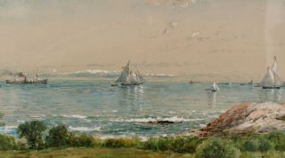 Antique EDMUND DARCH LEWIS Maritime Watercolor Painting,  Steamship & Sailboats 5