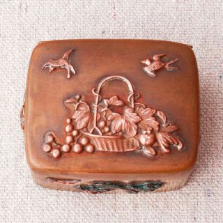 Antique Japanese Meiji Brass Copper Snuff Pill Trinket Box Birds Fruit Flower 2 "