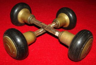 4 Antique Wooden Door Knobs W/ Bullseye Brass Plates Architectural Decor 2 Pair