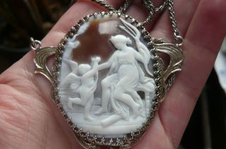Vintage Diana The Huntress With Cherub Shell Cameo And Silver Necklace