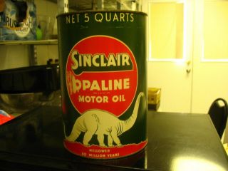 Vintage 1930s Sinclair Opaline Motor Oil Oil Can 5 Qt.  Empty White Dino