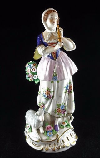 Antique Sitzendorf 9 " Woman Playing Flute With Sheep Figurine