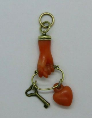 Antique Handcarved Coral Mano Figa 14k Gold Cap Pendant Charm With Key Charms