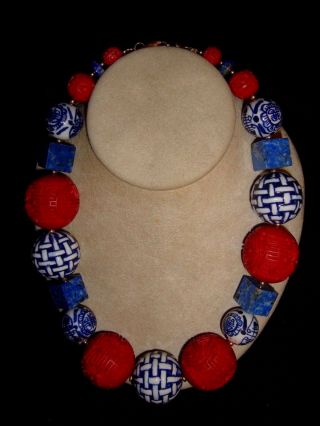 Red White Blue 14/20 14kt Gf Cinnabar Chinese Porcelain Lapis Cube Bead Necklace