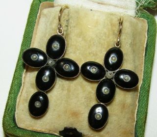 One Of A Kind,  Antique Georgian 9ct Gold Earrings With Black Agate & Seed Pearls