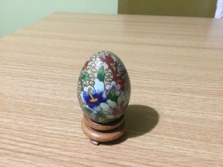 Vintage Chinese Cloisonné Egg With Wooden Stand