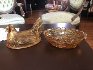 Vintage Glass Amber/Brown Hen on Nest Dish 2
