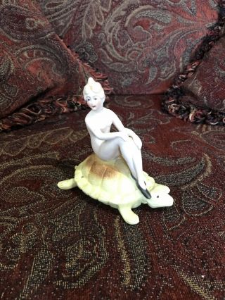 Vintage Porcelain Bathing Beauty On Sea Turtle