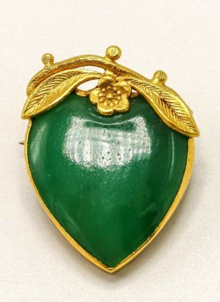Vintage Chinese 24k Yellow Gold Floral Leaf Setting Jade Heart Pin Brooch