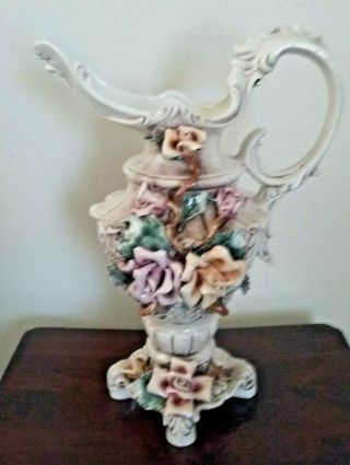 Vintage Capodimonte 16 " Footed Ewer Pitcher Vase - Raised Roses - Made In Italy