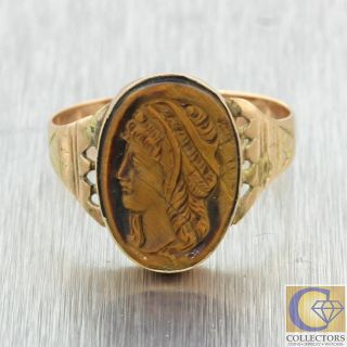 1880s Antique Victorian 14k Yellow Gold Carved Portrait Tigers Eye Cocktail Ring