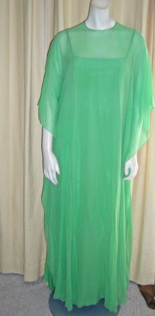 Vtg 60s Boutique Balmain Paris Couture Green Silk Chiffon Kaftan Maxi Dress S