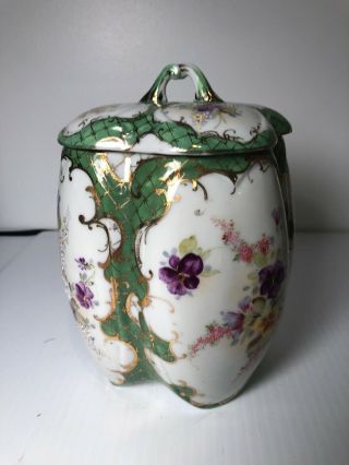 Antique Porcelain Biscuit Jar With Hand Painted Flowers Appliqué Gold Trim