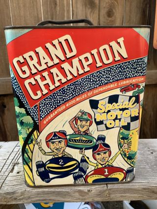 Vintage 2 Gallon Grand Champion Motor Oil Graphic Can - Best By Far