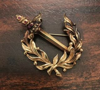 Antique 14k & Ruby Pin Laurel Wreath & Sword
