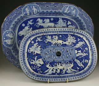 Antique Pottery Pearlware Blue Transfer Greek Platter & Drainer 1815 Not Spode
