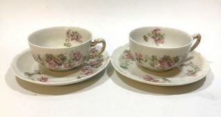 2 Vintage Limoges Wg Tea Cups And Saucers Pink Flowers