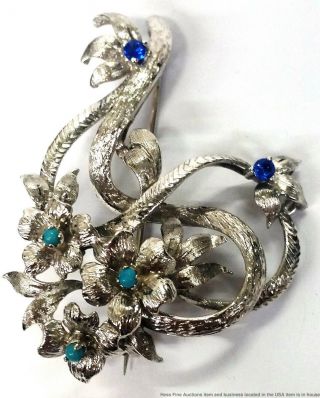 18k White Gold Vintage Retro Deco Sim Sapphire Turquoise Ladies Floral Brooch