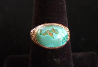 Antique c1900 Victorian VERY RARE natural Turquoise 14k etched Rose Gold Ring 10