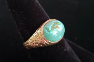 Antique c1900 Victorian VERY RARE natural Turquoise 14k etched Rose Gold Ring 11