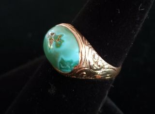 Antique c1900 Victorian VERY RARE natural Turquoise 14k etched Rose Gold Ring 12