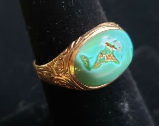 Antique C1900 Victorian Very Rare Natural Turquoise 14k Etched Rose Gold Ring