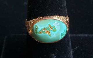 Antique c1900 Victorian VERY RARE natural Turquoise 14k etched Rose Gold Ring 2