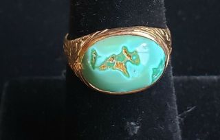 Antique c1900 Victorian VERY RARE natural Turquoise 14k etched Rose Gold Ring 3