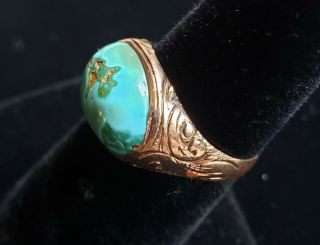 Antique c1900 Victorian VERY RARE natural Turquoise 14k etched Rose Gold Ring 4