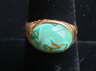 Antique c1900 Victorian VERY RARE natural Turquoise 14k etched Rose Gold Ring 5
