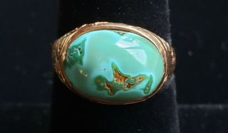 Antique c1900 Victorian VERY RARE natural Turquoise 14k etched Rose Gold Ring 6