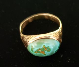 Antique c1900 Victorian VERY RARE natural Turquoise 14k etched Rose Gold Ring 8