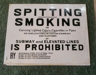 Porcelain Subway Train Sign No Spitting No Smoking York City Vintage 11 X 14