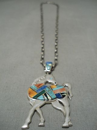 Important Vintage Zuni Navajo Inlaid Turquoise Horse Sterling Silver Necklace