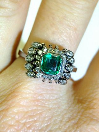 Vintage 18k White Gold Colombian Emerald And Diamond Ring Size 8