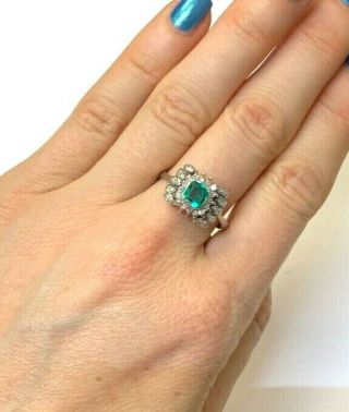 Vintage 18K White Gold Colombian Emerald and Diamond Ring Size 8 3