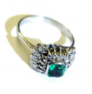 Vintage 18K White Gold Colombian Emerald and Diamond Ring Size 8 6