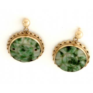 14k Gold Set Carved White And Green Jade Drop Earrings