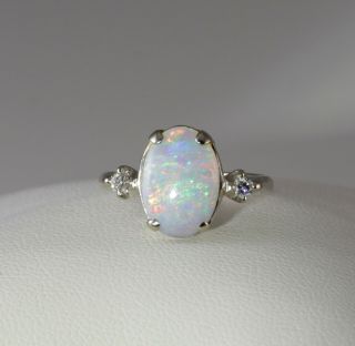 Elegant Vintage Estate Natural 1/2 In Long Opal & Diamond 14k White Gold Ring