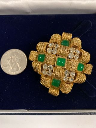 VINTAGE COUTURE CHRISTIAN DIOR GOLD PLATE Jade And Rhinestone BROOCH 1968 11