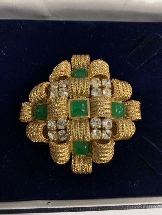 Vintage Couture Christian Dior Gold Plate Jade And Rhinestone Brooch 1968